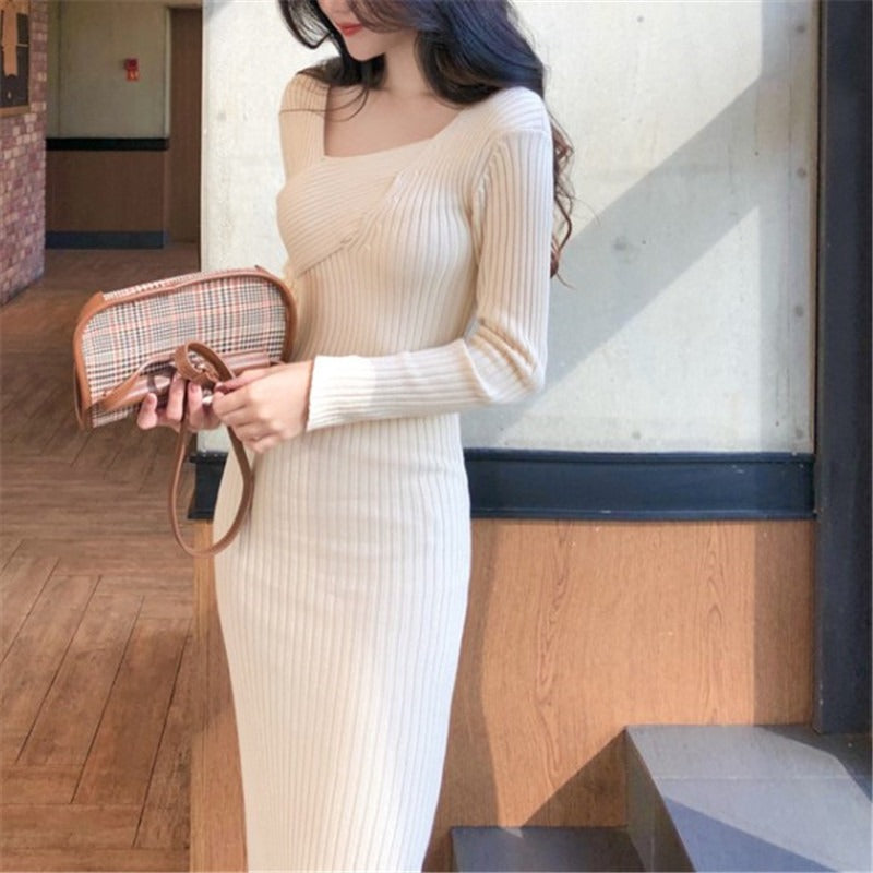knee length dresses for ladies Slit Bodycon Knit Dress – KiyomiBeautyLand