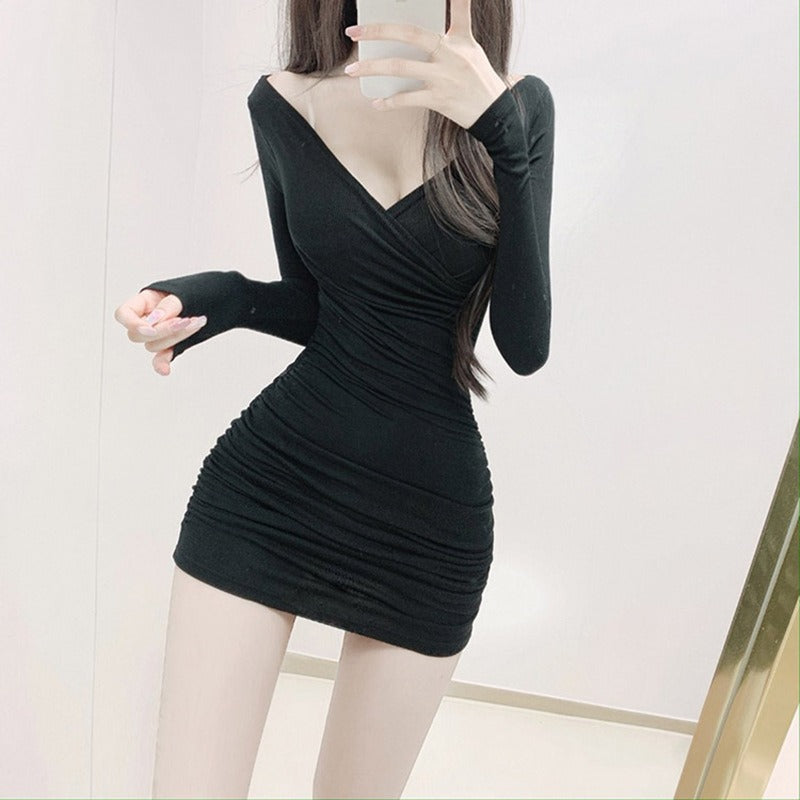 cross over off shoulder ruched bodycon dress Lioness Black Mini Long Sleeve Bodycon Dress main image 1