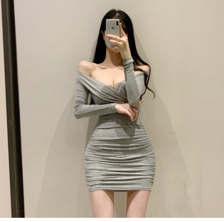 Crossed Off-Shoulder Pleated Bodycon Dress with Long Sleeves   KiyomiBeautyLand