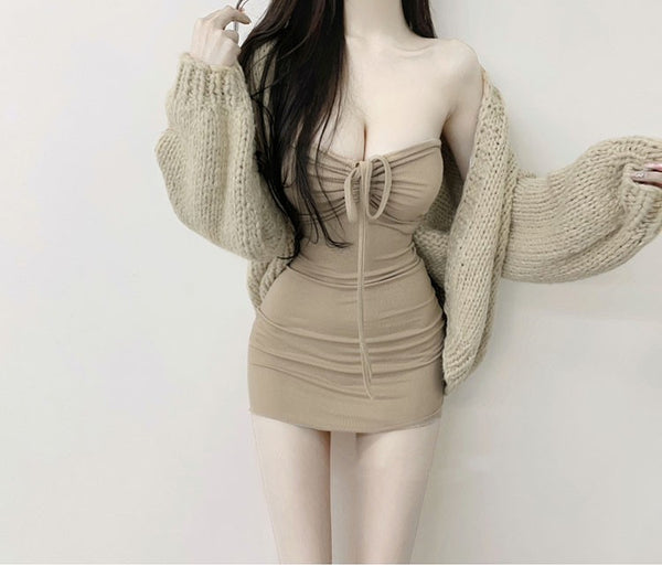 Elegant Off-Shoulder Dress + Thin Long Sleeve Cardigan Set