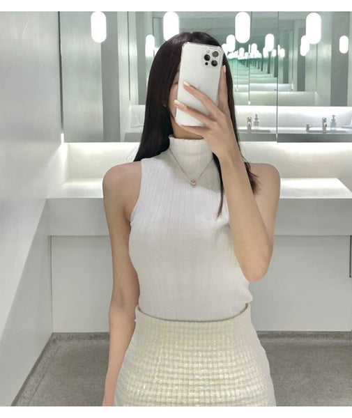 Elegant Slim Fit High-Neck Sleeveless Knit Tank Top
