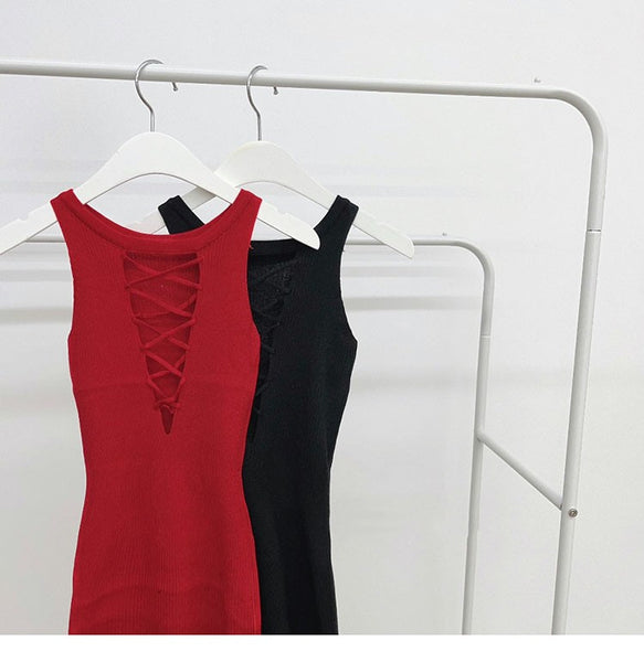 Front and Back Wearing Knit Dress: Body-Hugging, Cutout, Belted