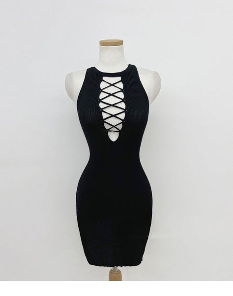 Front and Back Wearing Knit Dress: Body-Hugging, Cutout, Belted